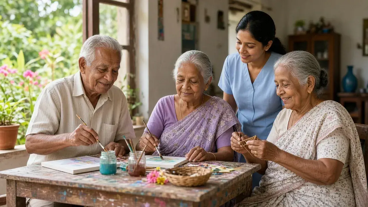 Elderly residents painting together at a sunlit table