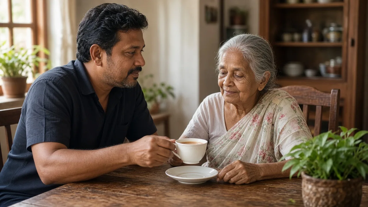 Adult son helping his elderly mother with morning tea