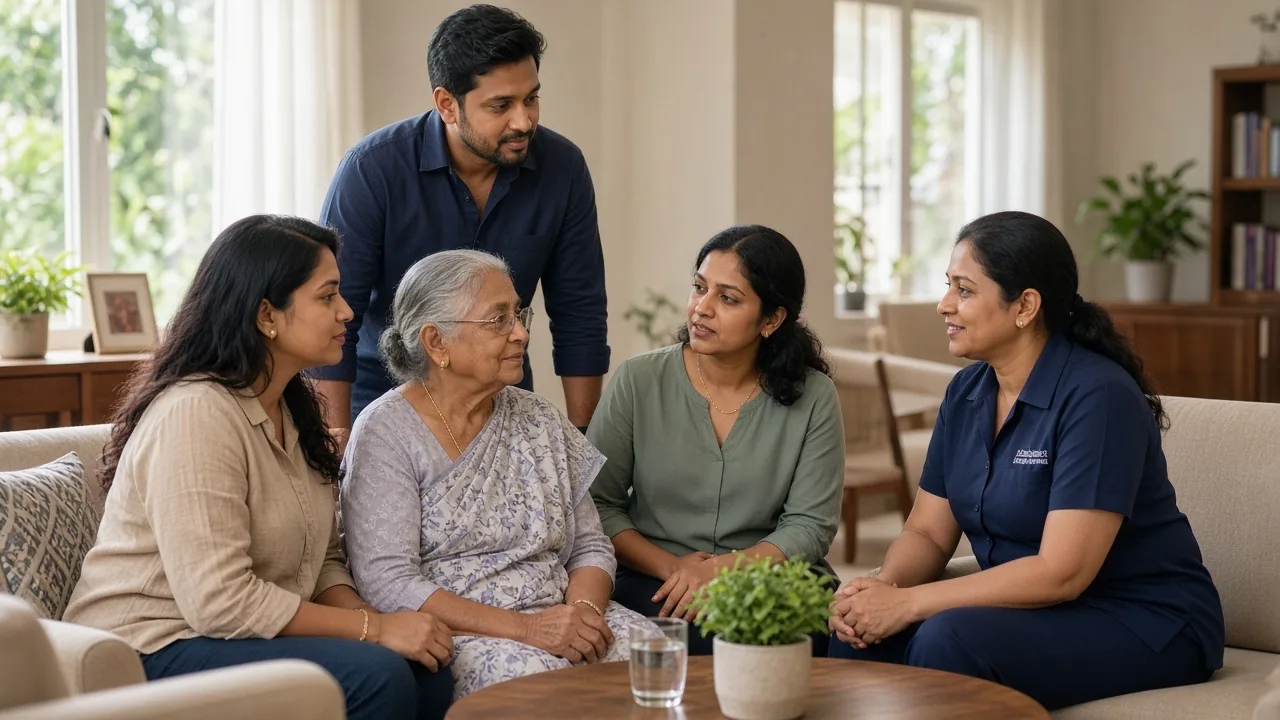 Family touring an elder care facility in Sri Lanka