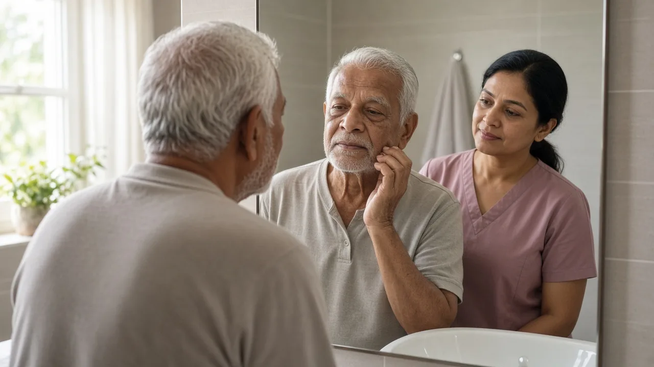 Elderly man preparing for the day with gentle morning assistance