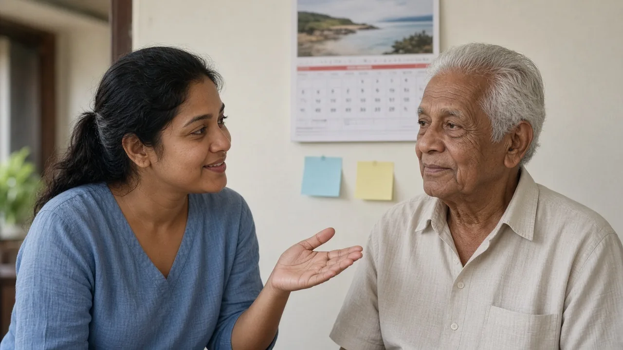Adult child talking kindly with an elderly parent about daily support