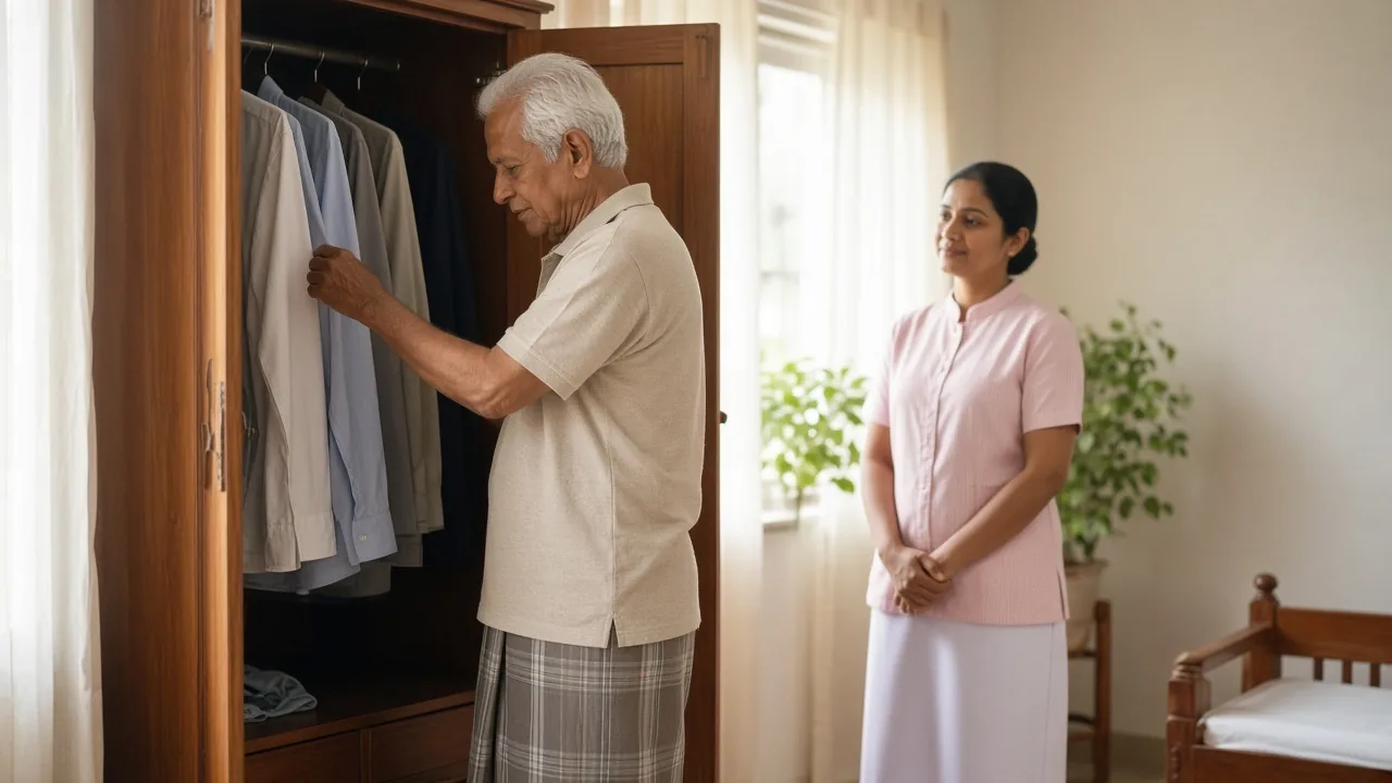 Elderly man choosing clothes while a caregiver waits respectfully