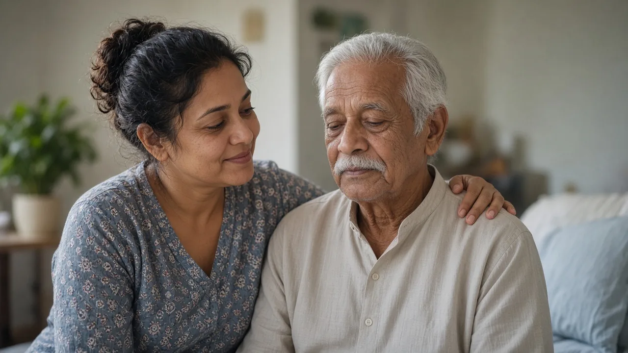 Daughter sitting with her elderly father after arranging care support