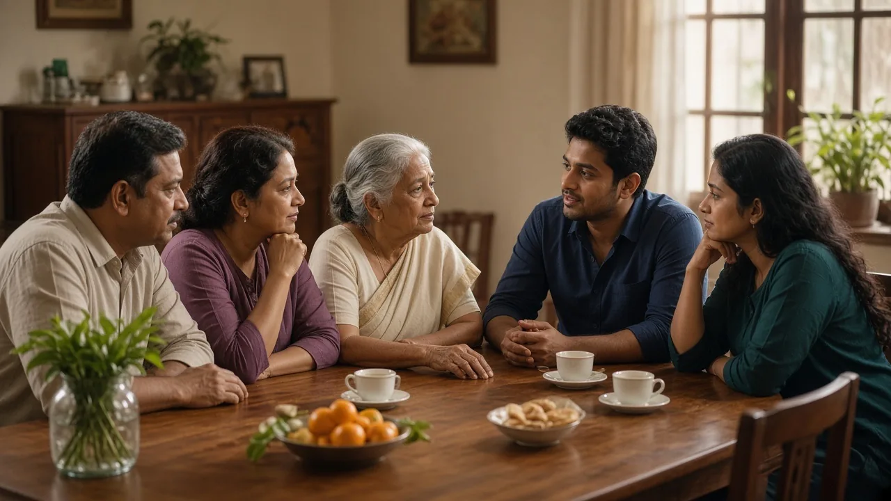 Multi-generational Sri Lankan family discussing care decisions together