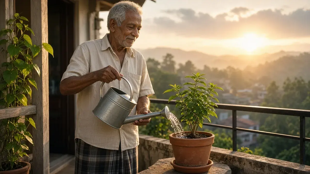 Elderly man watering plants on a balcony at sunrise
