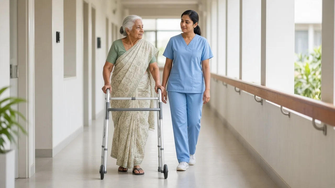Elderly woman walking with a walker while caregiver stays nearby