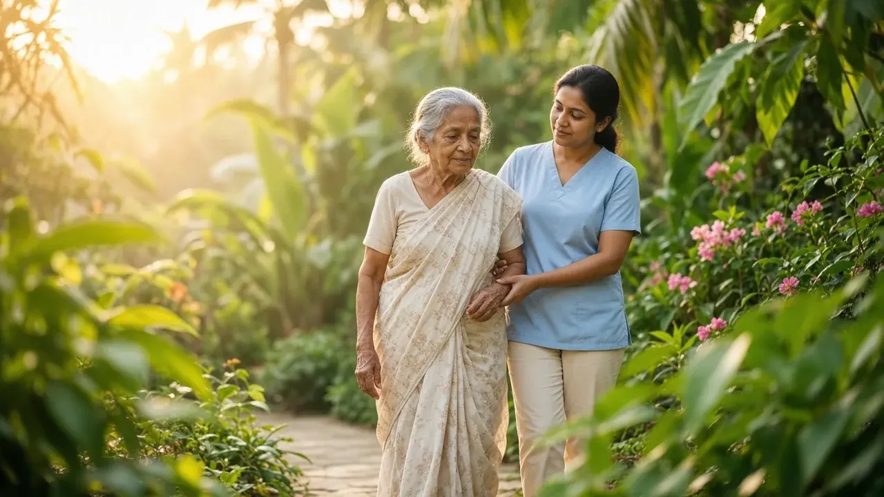 Elderly woman walking gently in a garden with support nearby