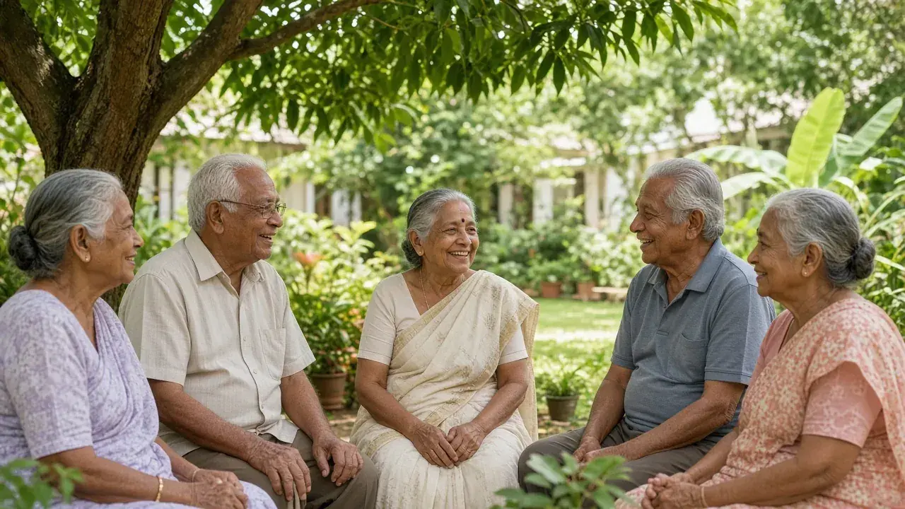 Elderly Sri Lankan residents talking outdoors under shade