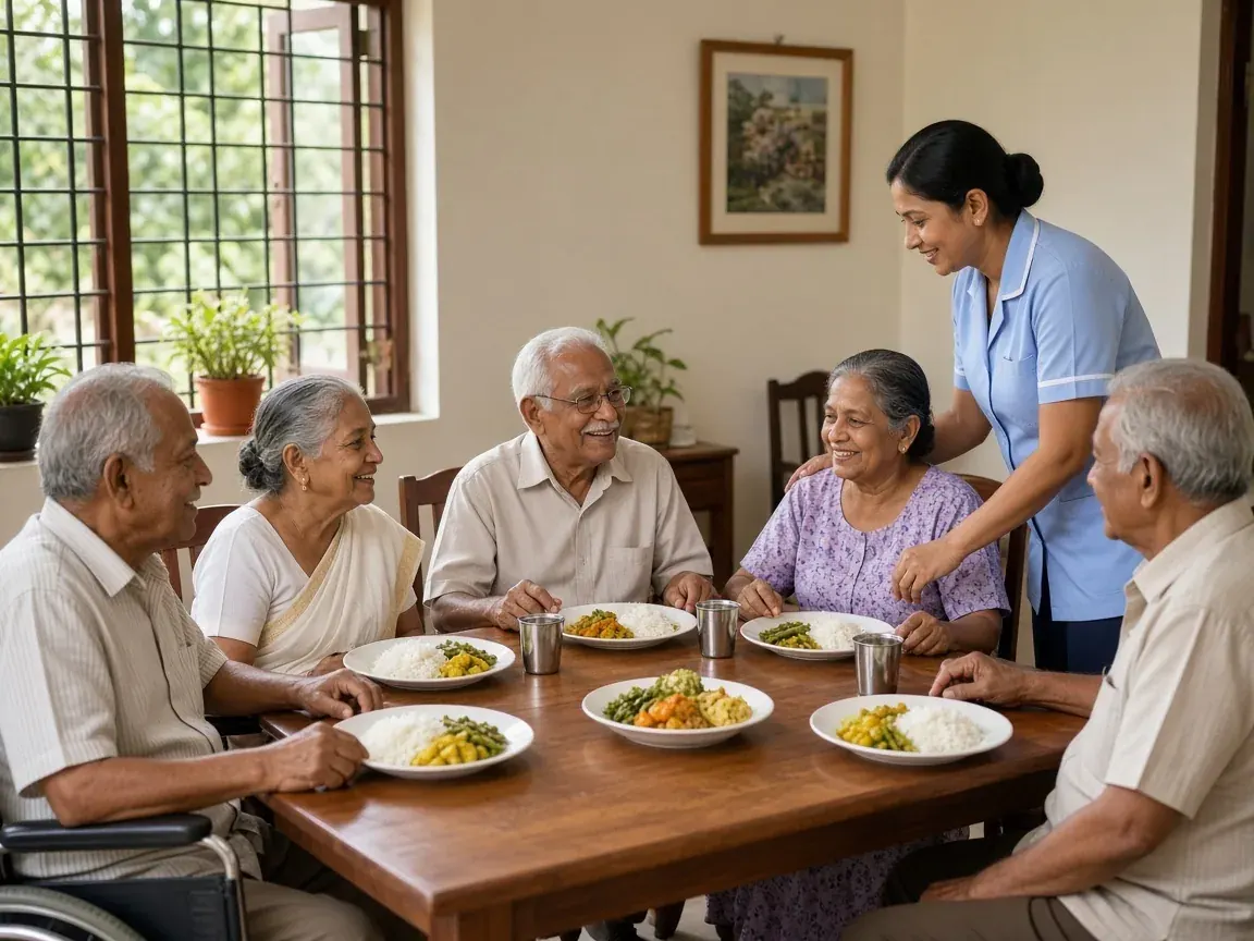 Residents sharing a meal in a calm dining area