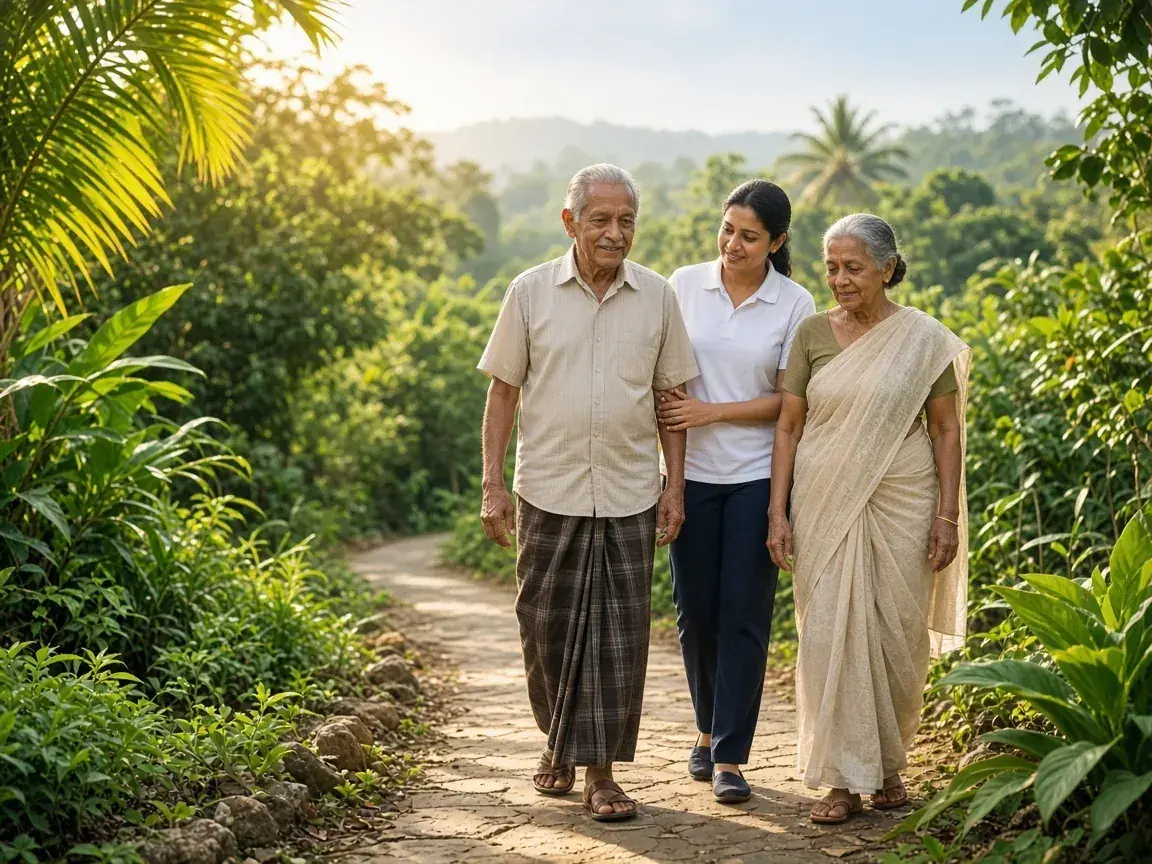 Elderly couple walking in a green garden path with gentle support