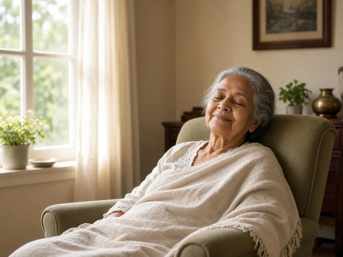Elderly Sri Lankan woman resting peacefully by a sunny window