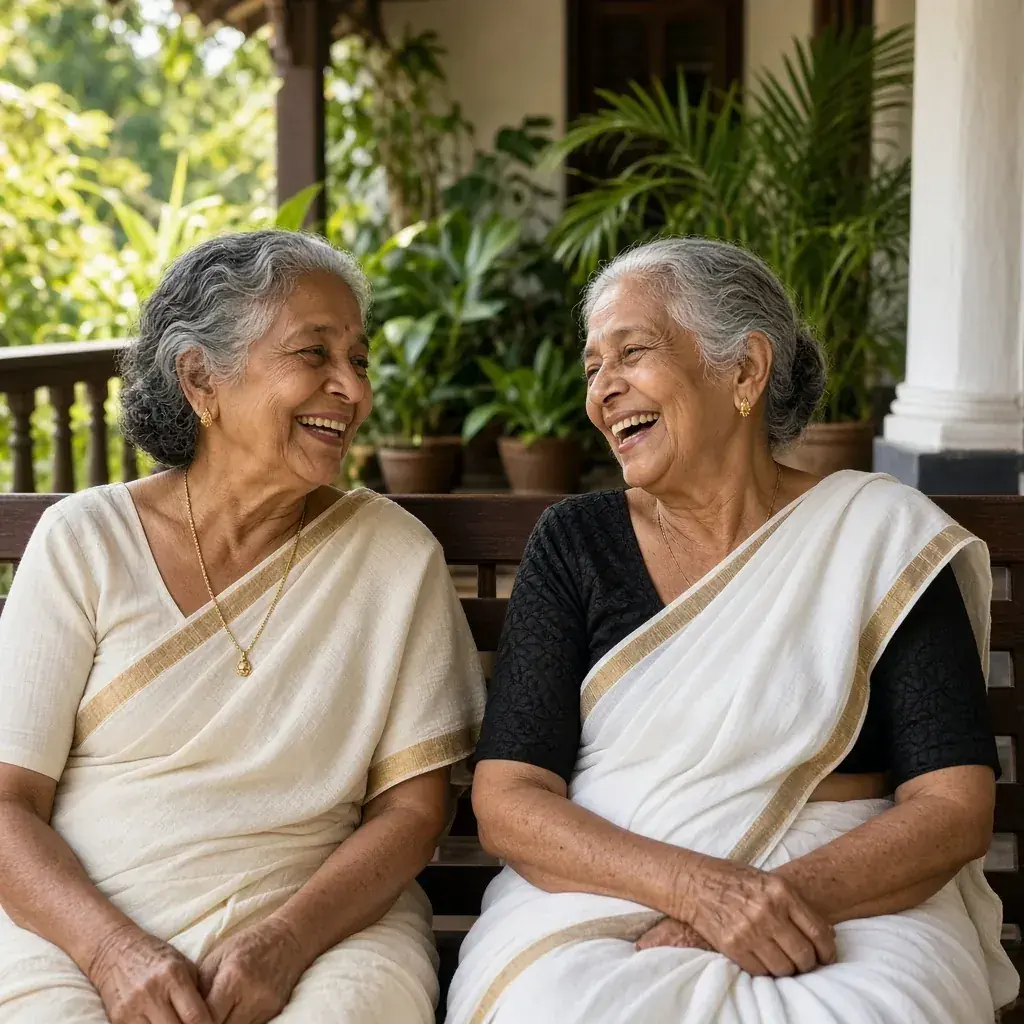 Elderly Sri Lankan women sharing stories on a shaded veranda