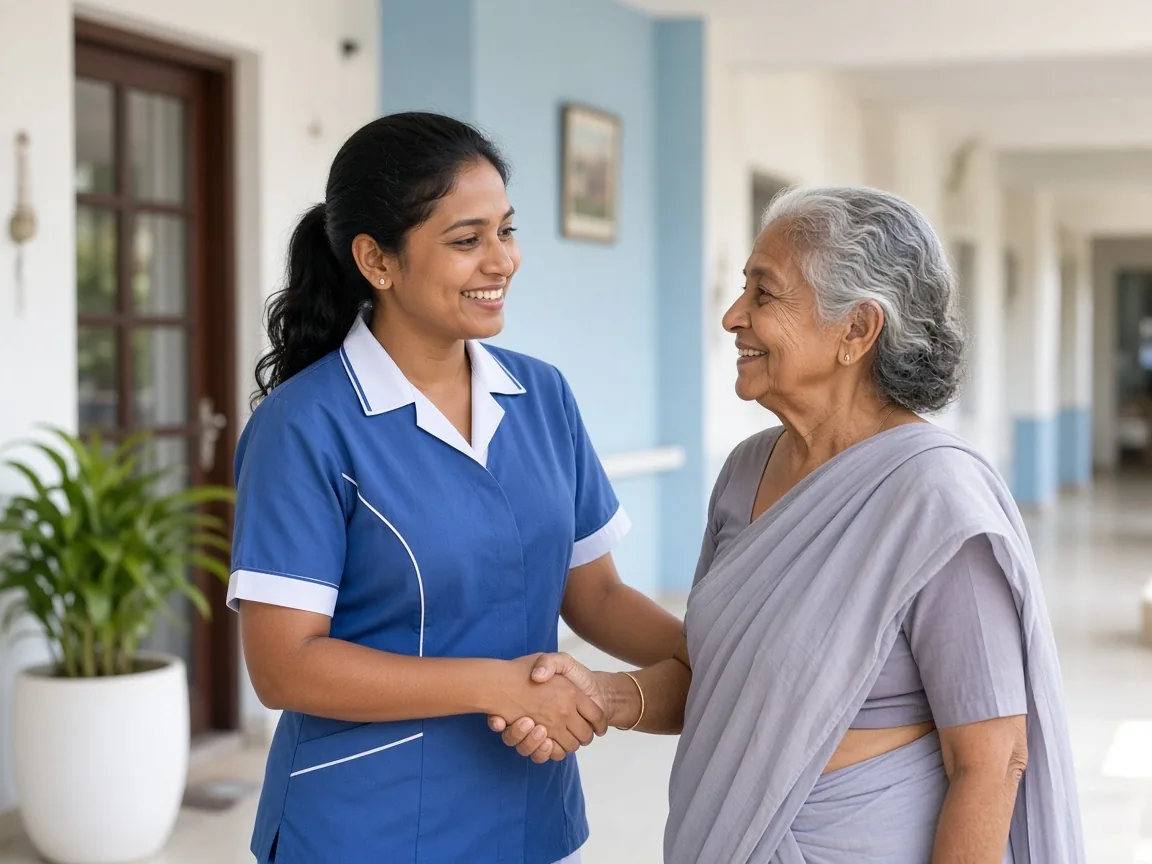 Care team member warmly welcoming an elderly Sri Lankan resident