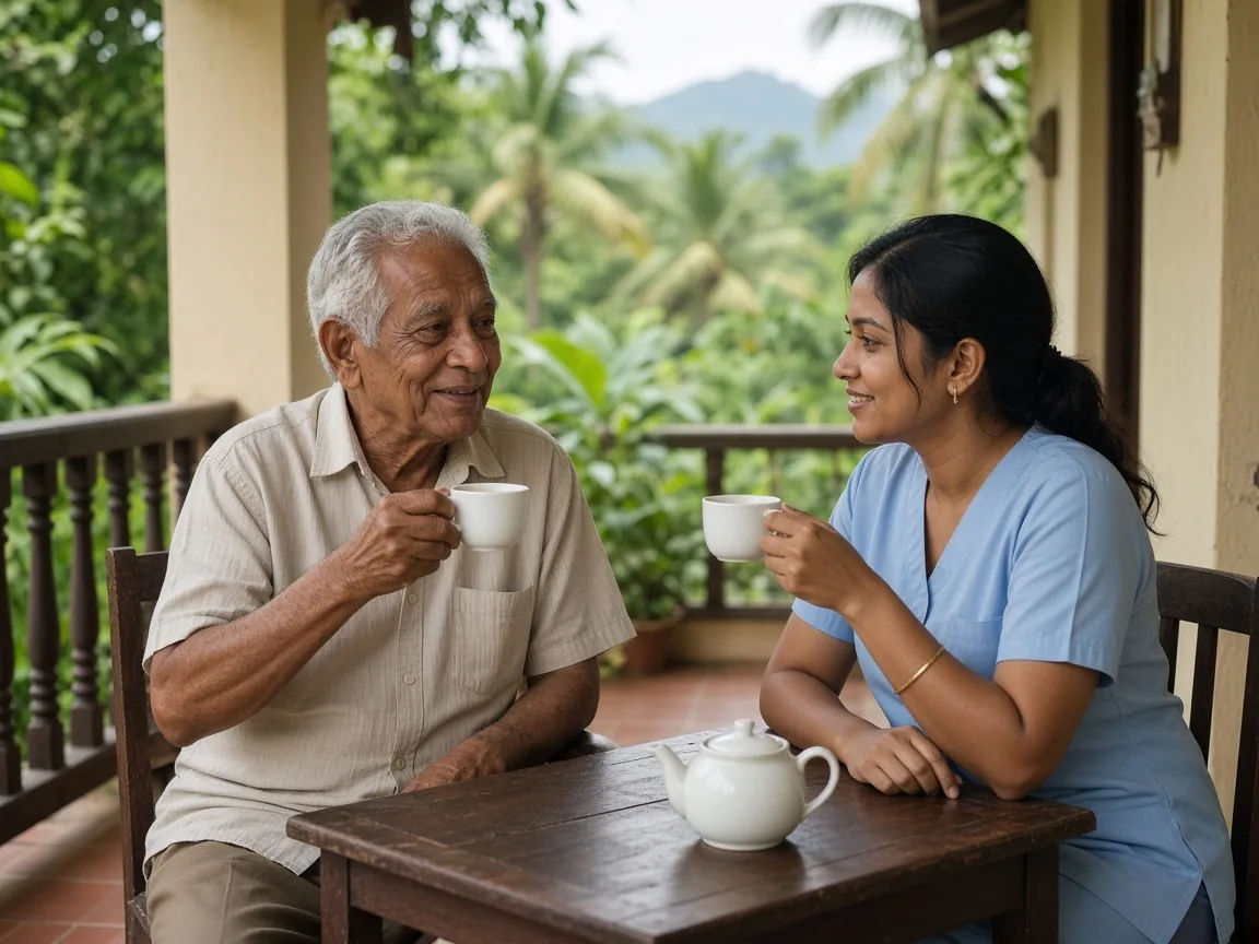 Elderly Sri Lankan man sharing tea and conversation with a care companion