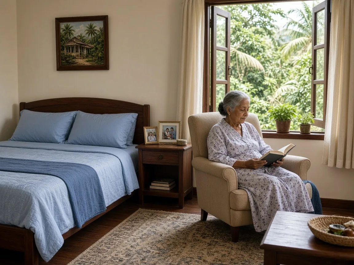 Comfortable residential room at an elder care home in Sri Lanka